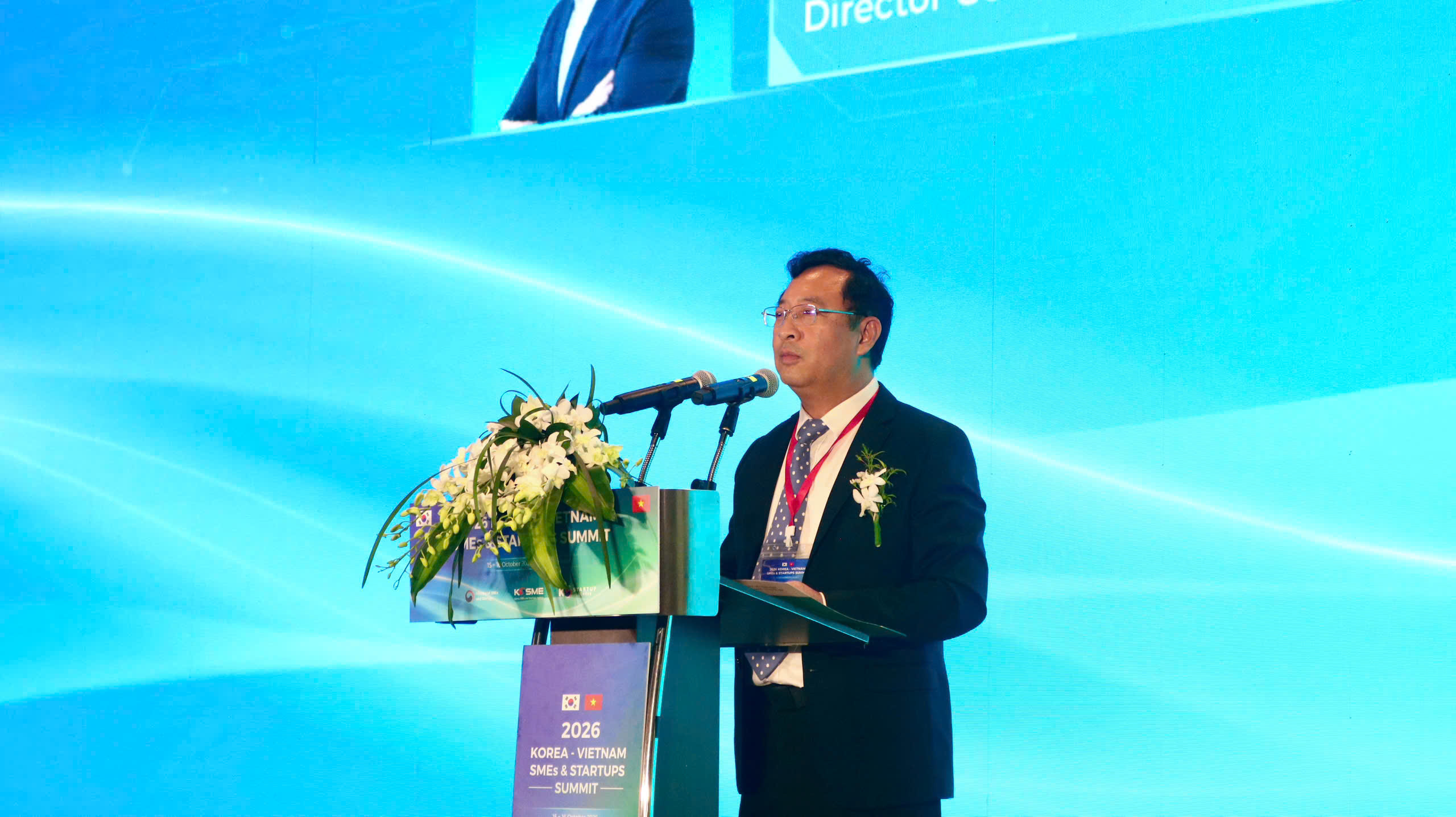 TS. Phạm Hồng Quất, Viện trưởng Viện Đổi mới sáng tạo Quốc gia (NACENTECH), phát biểu tại Hội nghị Thượng đỉnh “Doanh nghiệp nhỏ và vừa & Khởi nghiệp” Hàn Quốc – Việt Nam 2026. Ảnh: NACENTECH.